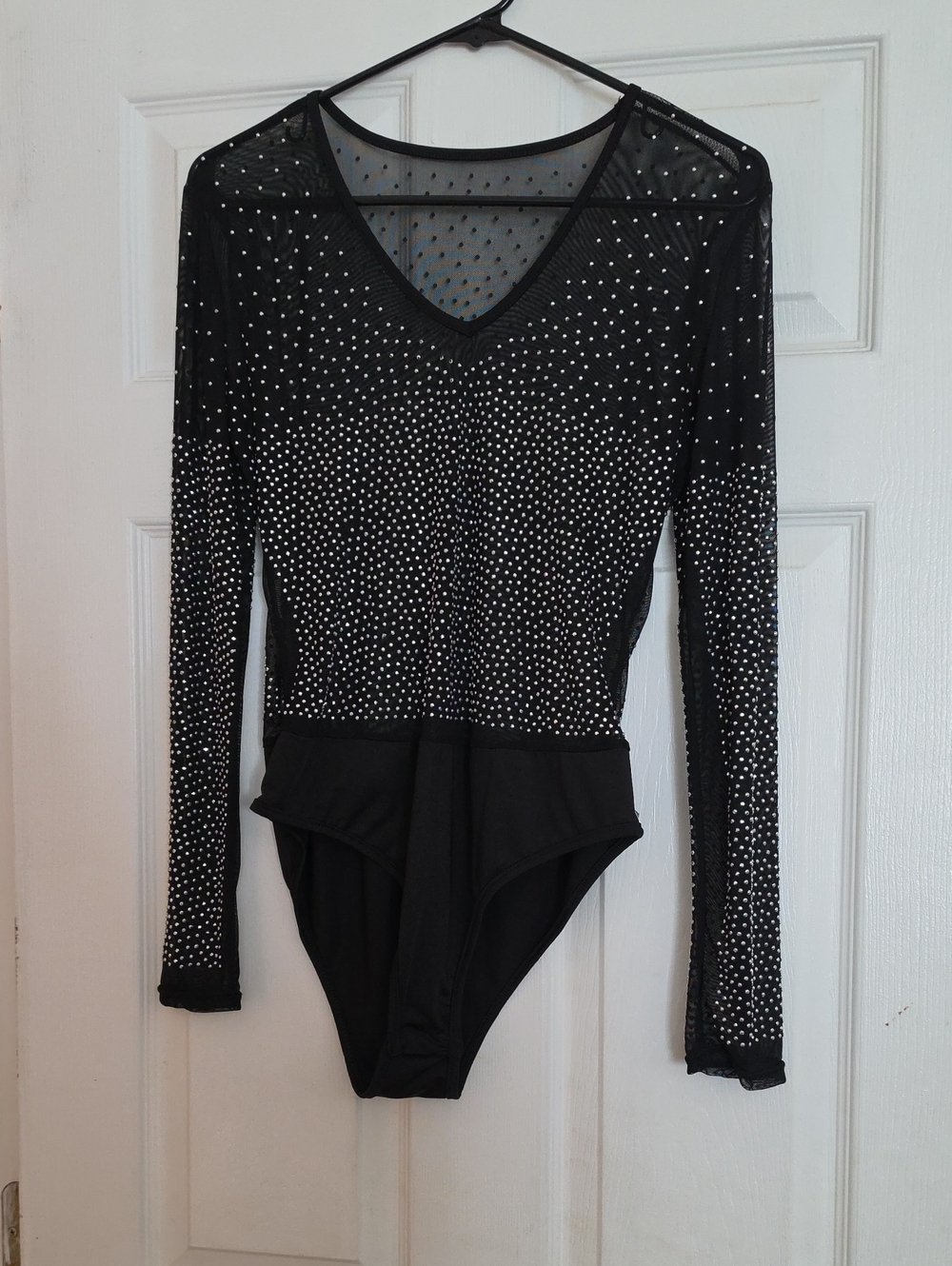 Black Rhinestone Mesh Long-Sleeve One-Piece Bodysuit